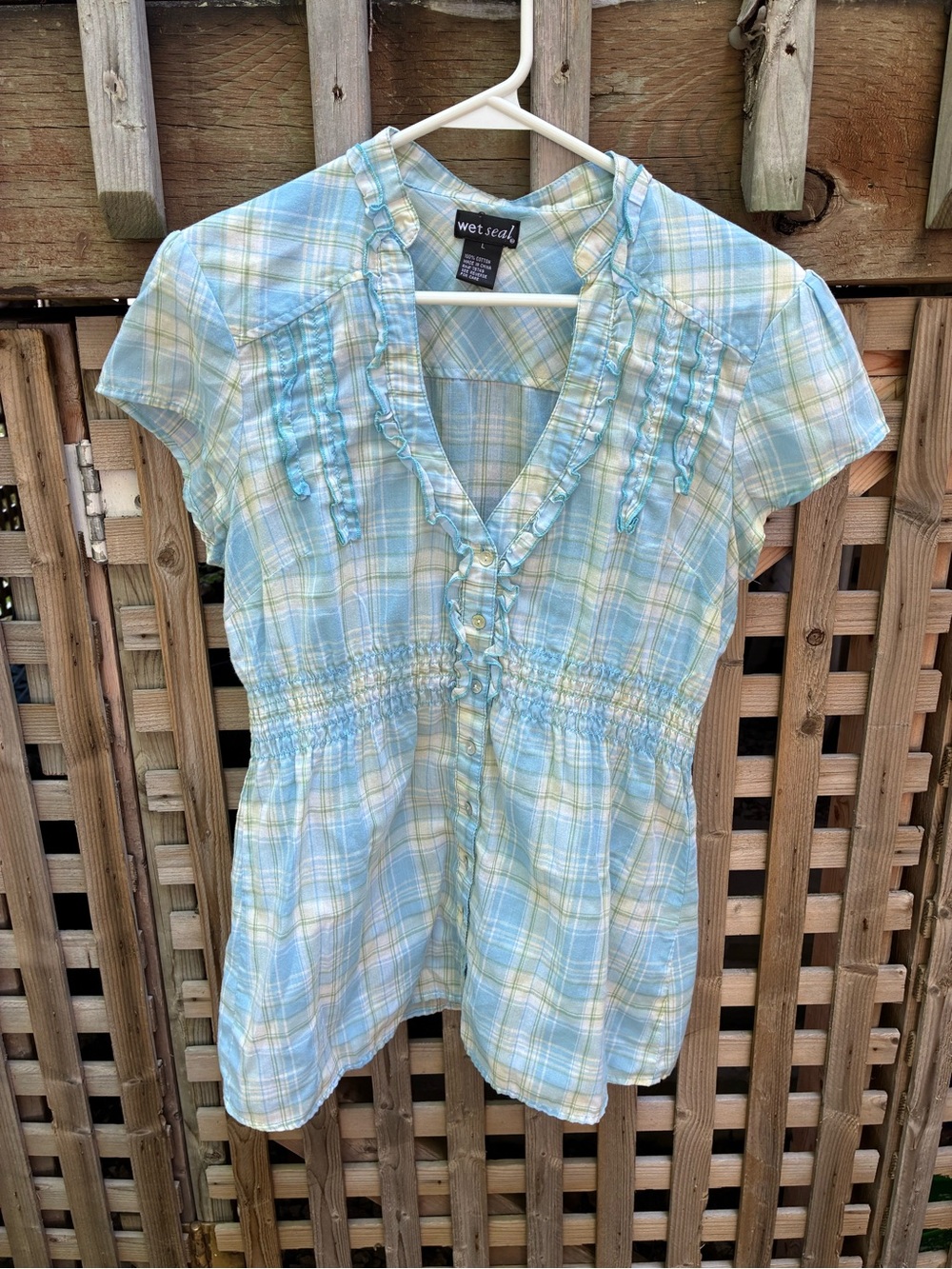 Wet Seal Light Blue and Pale, Yellow Plaid Ruffle-Trim Button Front Top